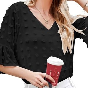 Womens Swiss Dot Tops V Neck Short 3/4 Ruffle Sleeve Chiffon Blouse Size Medium